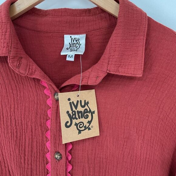 Ivy Jane Gauze Tie Front Bell Sleeve Top Button Front Chevron Terra Cotta Medium - Picture 5 of 10